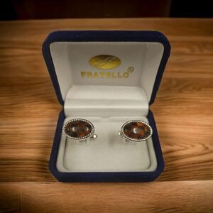 MEN'S FRATELLO BROWN STONE ROUND CUFFLINK SURRONDED BY SILVER CHAIN. CF953B